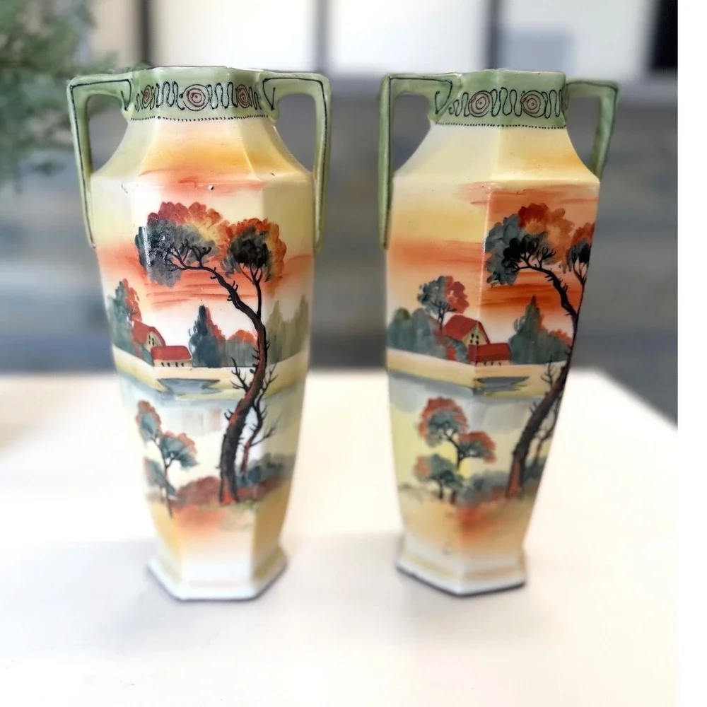 Antique Nippon Hand Painted Landscape Vases Moriage Gilt Porcelain Pair 9.5